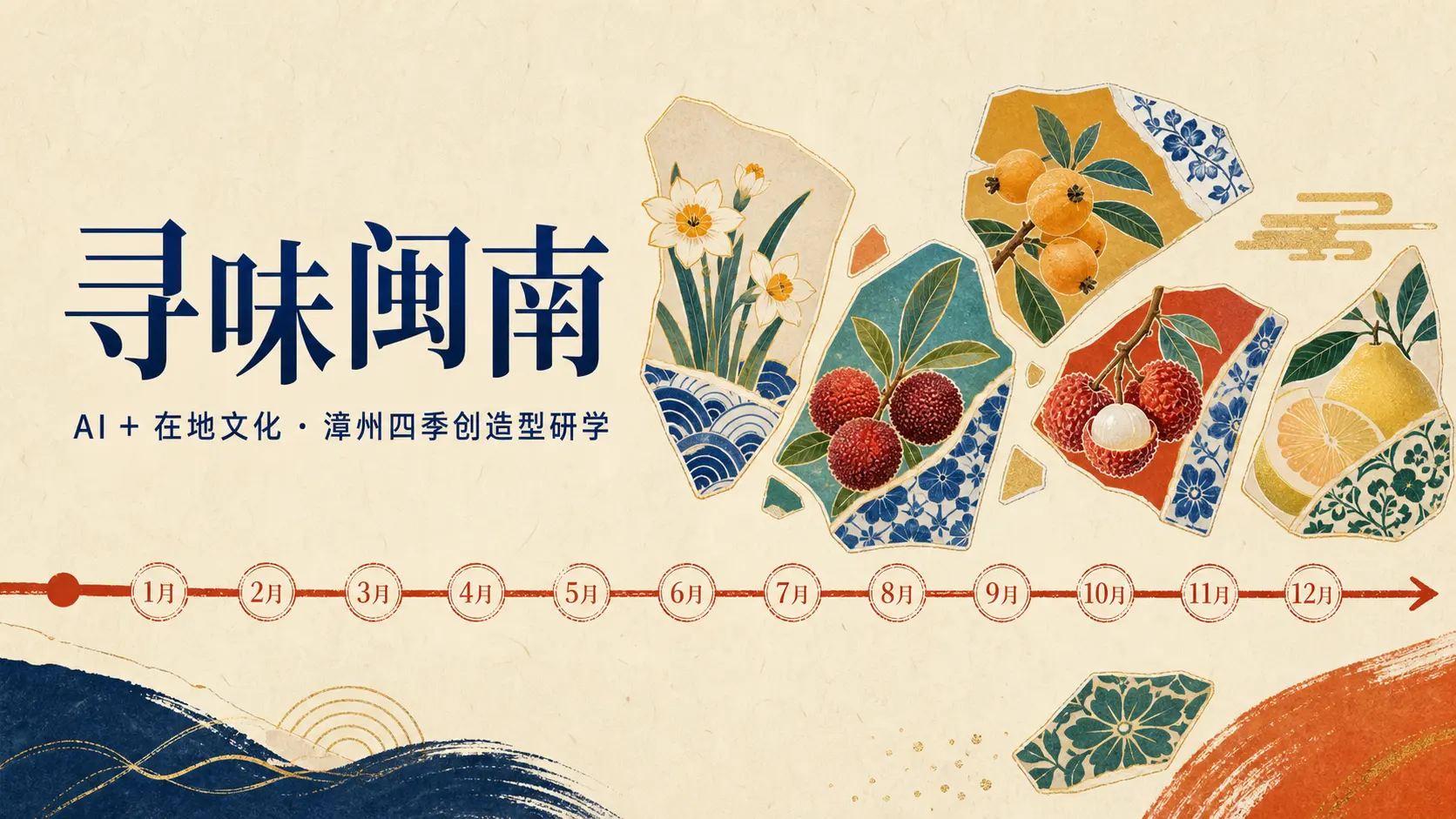 寻味闽南海报:水仙、枇杷、杨梅、荔枝与蜜柚组成的剪瓷雕四季图景